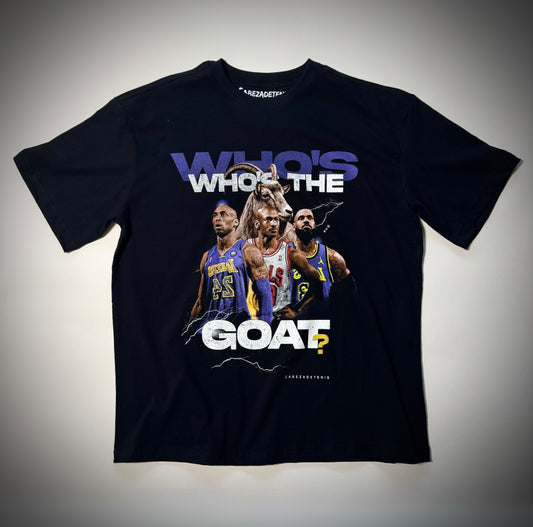Frente de Playera negra tipo vintage de Quien es el más grande? Jordan, Kobe o Lebron James.
